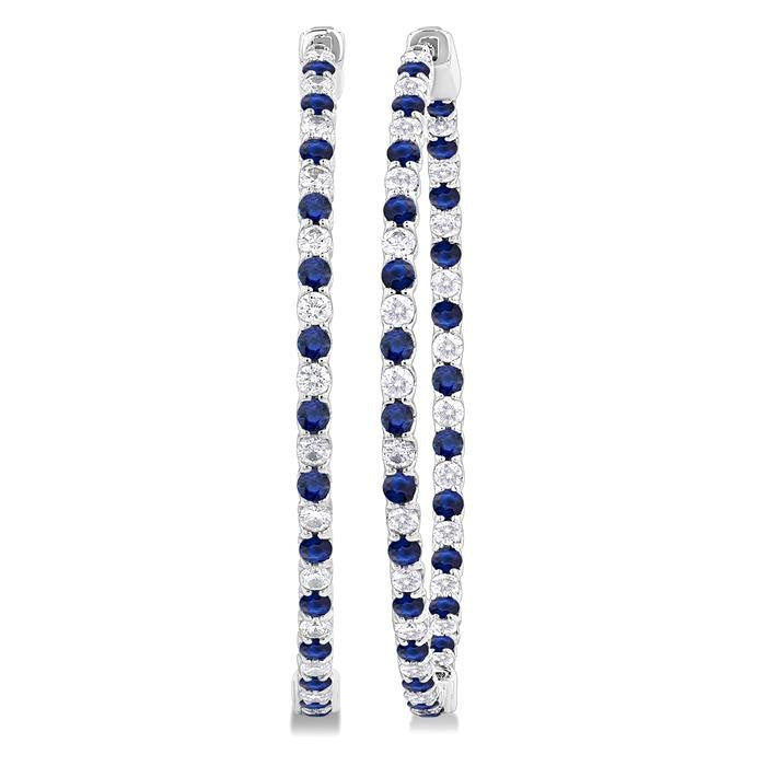 1.9 MM Round Cut Sapphire and 1 1/2 Ctw Round Cut Diamond Precious Inside-Out Alternating Hoop Earrings in 14K White Gold