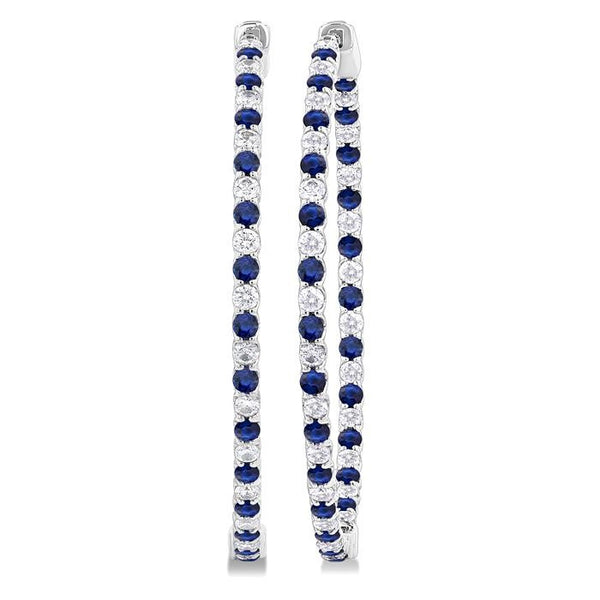 1.9 MM Round Cut Sapphire and 1 1/2 Ctw Round Cut Diamond Precious Inside-Out Alternating Hoop Earrings in 14K White Gold