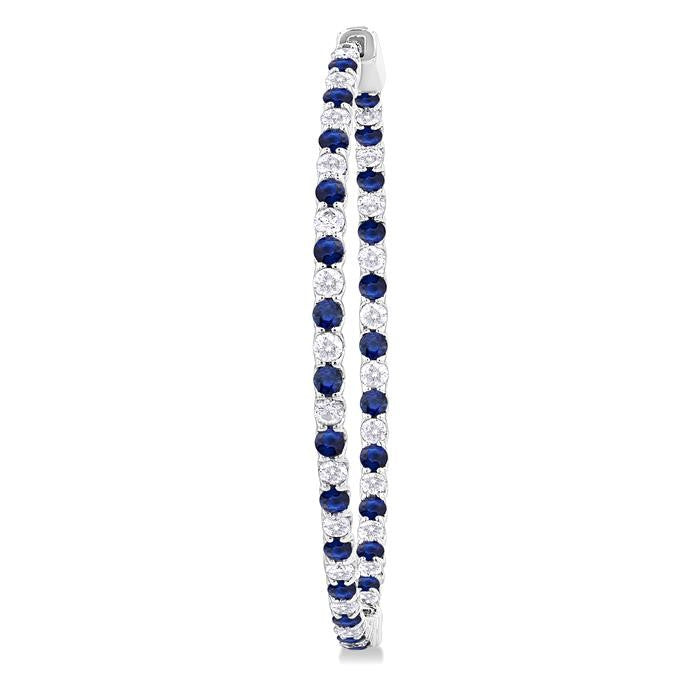 1.9 MM Round Cut Sapphire and 1 1/2 Ctw Round Cut Diamond Precious Inside-Out Alternating Hoop Earrings in 14K White Gold
