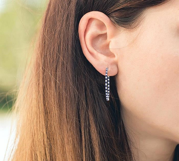 1.9 MM Round Cut Sapphire and 1 1/2 Ctw Round Cut Diamond Precious Inside-Out Alternating Hoop Earrings in 14K White Gold