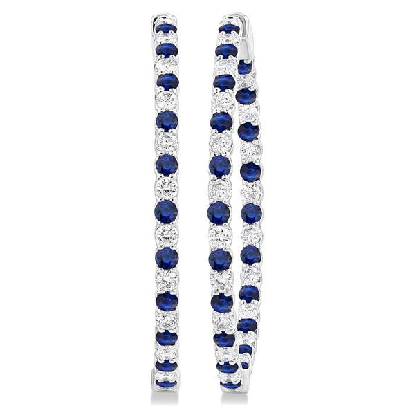 2.5 MM Round Cut Sapphire and 2 1/2 Ctw Round Cut Diamond Precious Inside-Out Alternating Hoop Earrings in 14K White Gold