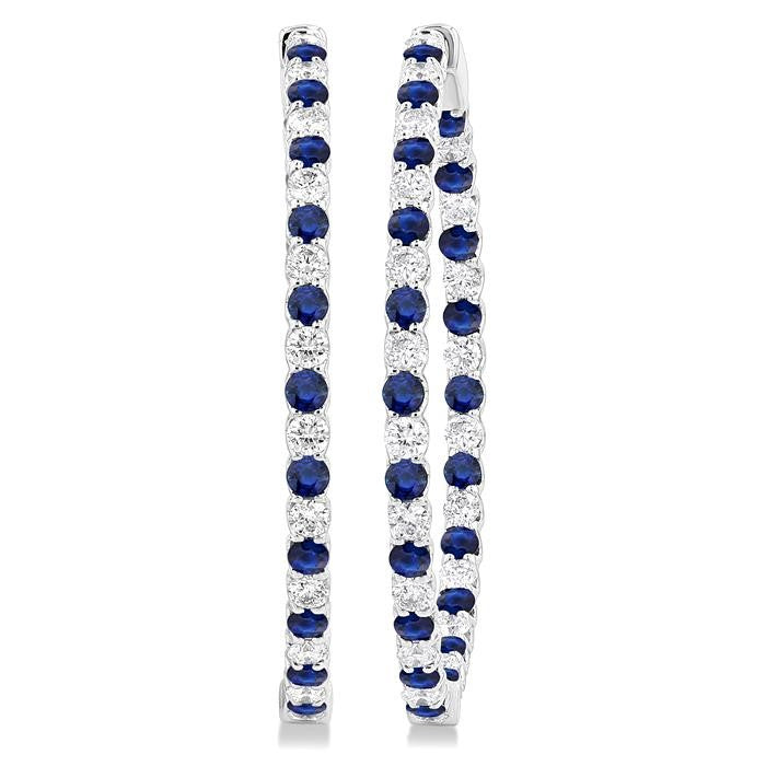 2.5 MM Round Cut Sapphire and 2 1/2 Ctw Round Cut Diamond Precious Inside-Out Alternating Hoop Earrings in 14K White Gold