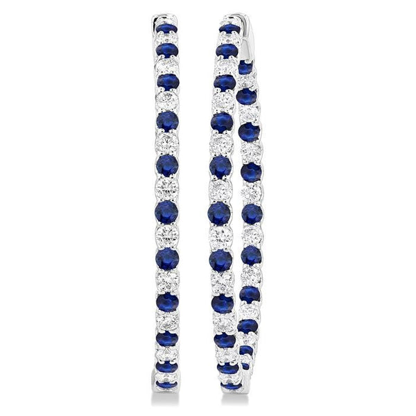 2.5 MM Round Cut Sapphire and 2 1/2 Ctw Round Cut Diamond Precious Inside-Out Alternating Hoop Earrings in 14K White Gold