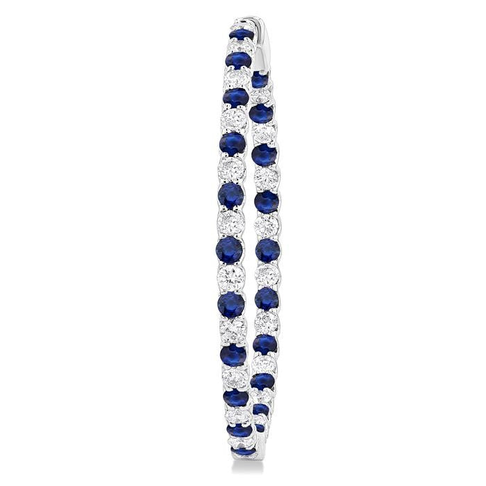 2.5 MM Round Cut Sapphire and 2 1/2 Ctw Round Cut Diamond Precious Inside-Out Alternating Hoop Earrings in 14K White Gold