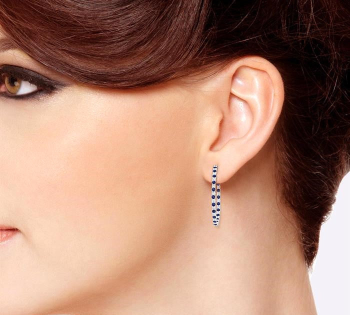 2.5 MM Round Cut Sapphire and 2 1/2 Ctw Round Cut Diamond Precious Inside-Out Alternating Hoop Earrings in 14K White Gold