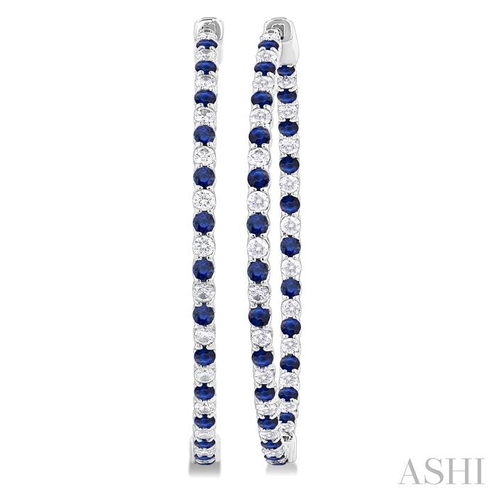 1.9 MM Round Cut Sapphire and 1 1/2 Ctw Round Cut Diamond Precious Inside-Out Alternating Hoop Earrings in 14K White Gold