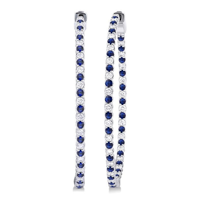 1.6 MM Round Cut Sapphire and 1 Ctw Round Cut Diamond Precious Inside-Out Alternating Hoop Earrings in 14K White Gold