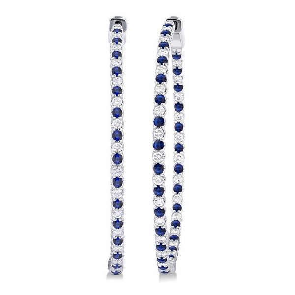 1.6 MM Round Cut Sapphire and 1 Ctw Round Cut Diamond Precious Inside-Out Alternating Hoop Earrings in 14K White Gold