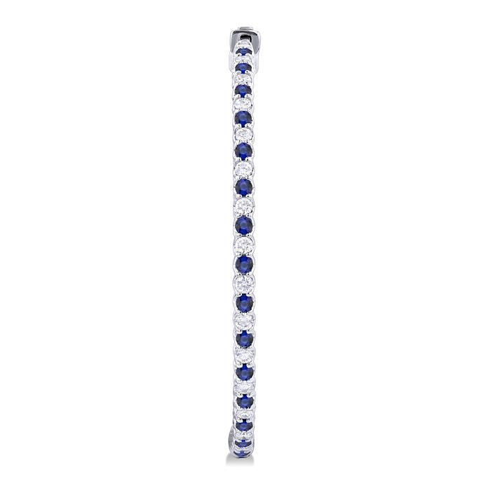 1.6 MM Round Cut Sapphire and 1 Ctw Round Cut Diamond Precious Inside-Out Alternating Hoop Earrings in 14K White Gold