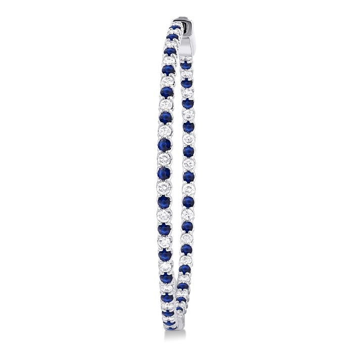 1.6 MM Round Cut Sapphire and 1 Ctw Round Cut Diamond Precious Inside-Out Alternating Hoop Earrings in 14K White Gold