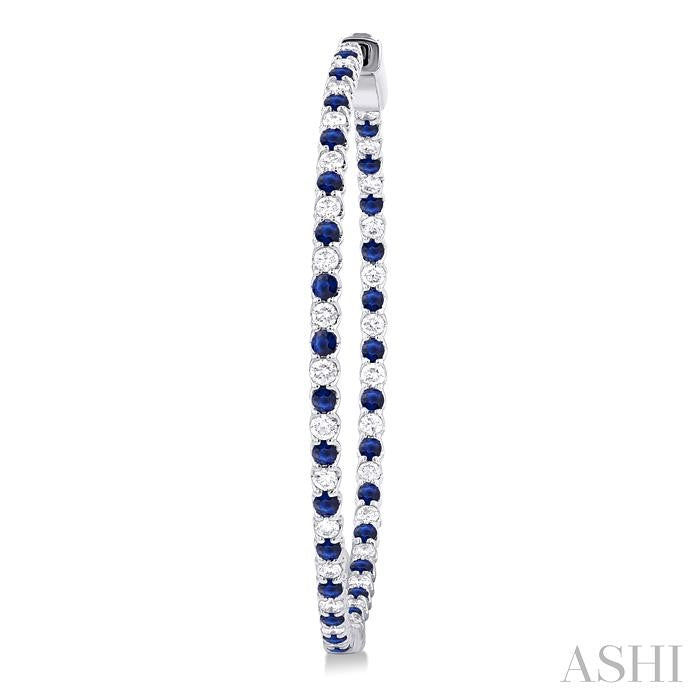 1.6 MM Round Cut Sapphire and 1 Ctw Round Cut Diamond Precious Inside-Out Alternating Hoop Earrings in 14K White Gold