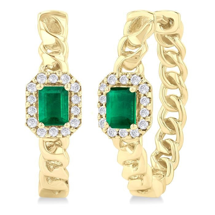 4X3 MM Curb Chain Inspired Octagonal Centerpiece Emerald and 1/6 Ctw Round Cut Diamond Precious Fashion Hoop Earrings in 10K Yellow Gold