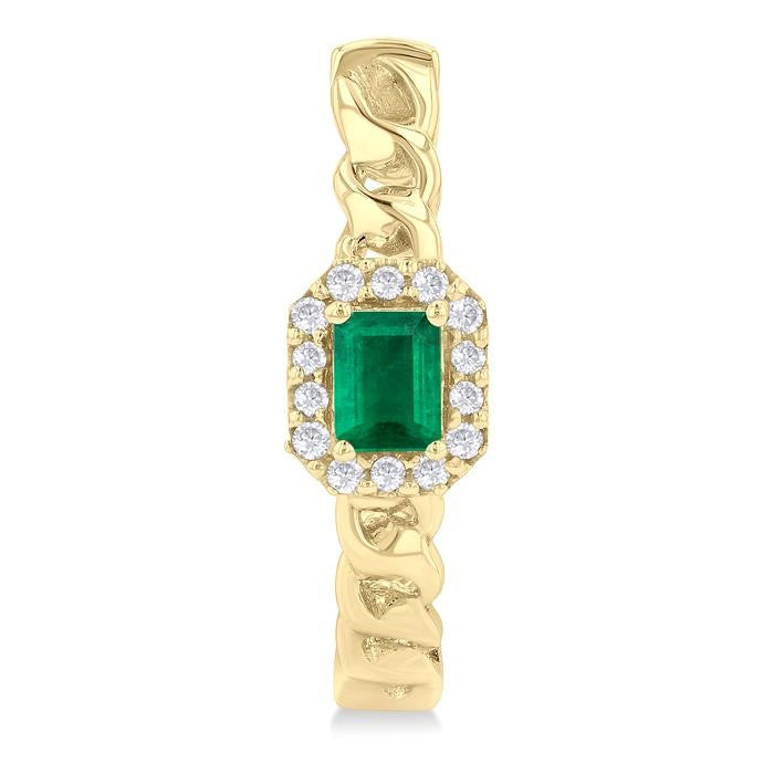 4X3 MM Curb Chain Inspired Octagonal Centerpiece Emerald and 1/6 Ctw Round Cut Diamond Precious Fashion Hoop Earrings in 10K Yellow Gold