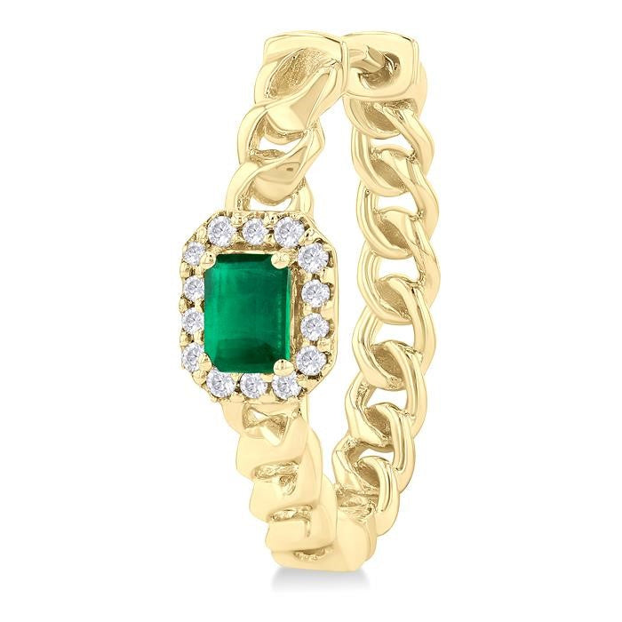 4X3 MM Curb Chain Inspired Octagonal Centerpiece Emerald and 1/6 Ctw Round Cut Diamond Precious Fashion Hoop Earrings in 10K Yellow Gold