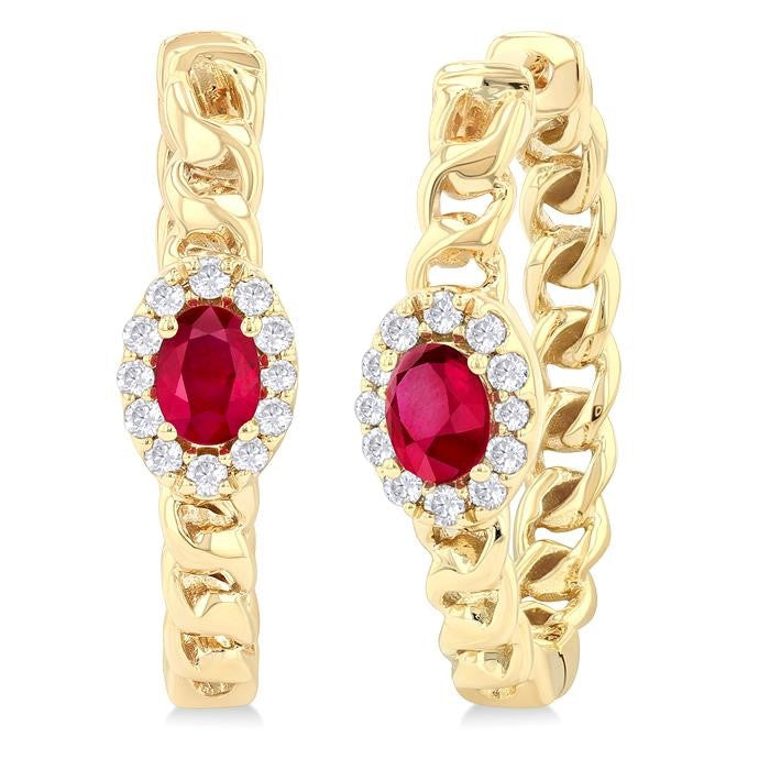 4X3 MM Oval Cut Ruby and 1/6 Ctw Curb & Cuban Link Round Cut Diamond Precious Fashion Hoop Earrings in 10K Yellow Gold