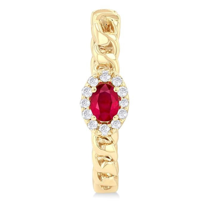 4X3 MM Oval Cut Ruby and 1/6 Ctw Curb & Cuban Link Round Cut Diamond Precious Fashion Hoop Earrings in 10K Yellow Gold