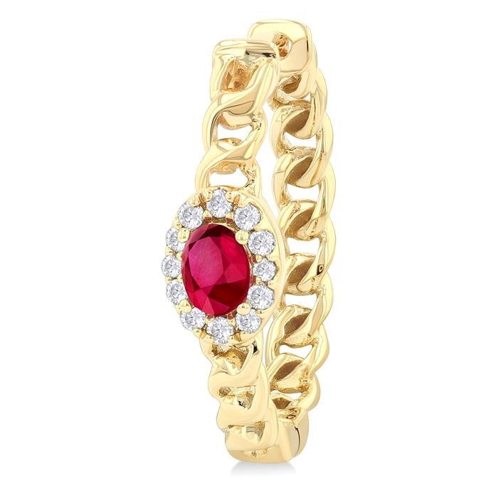 4X3 MM Oval Cut Ruby and 1/6 Ctw Curb & Cuban Link Round Cut Diamond Precious Fashion Hoop Earrings in 10K Yellow Gold
