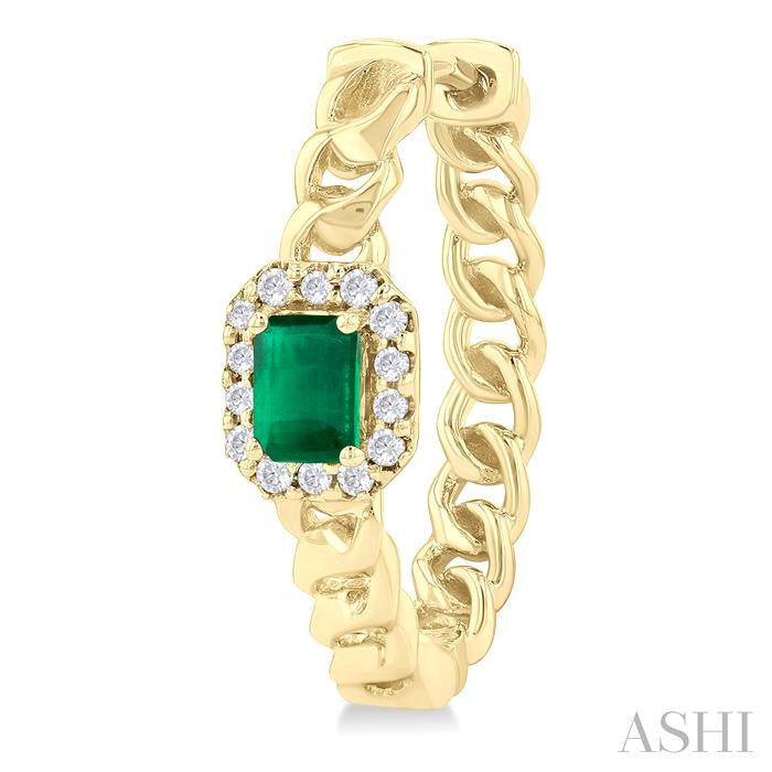 4X3 MM Curb Chain Inspired Octagonal Centerpiece Emerald and 1/6 Ctw Round Cut Diamond Precious Fashion Hoop Earrings in 10K Yellow Gold