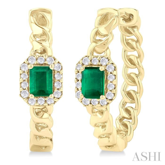 4X3 MM Curb Chain Inspired Octagonal Centerpiece Emerald and 1/6 Ctw Round Cut Diamond Precious Fashion Hoop Earrings in 10K Yellow Gold