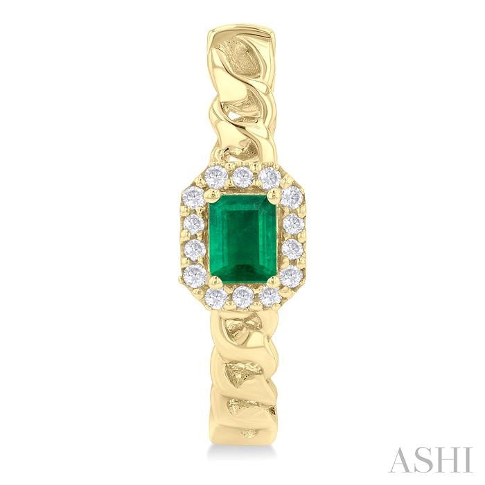 4X3 MM Curb Chain Inspired Octagonal Centerpiece Emerald and 1/6 Ctw Round Cut Diamond Precious Fashion Hoop Earrings in 10K Yellow Gold
