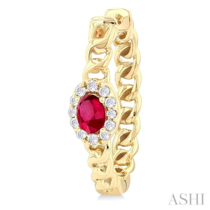 4X3 MM Oval Cut Ruby and 1/6 Ctw Curb & Cuban Link Round Cut Diamond Precious Fashion Hoop Earrings in 10K Yellow Gold