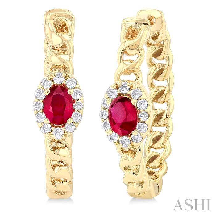 4X3 MM Oval Cut Ruby and 1/6 Ctw Curb & Cuban Link Round Cut Diamond Precious Fashion Hoop Earrings in 10K Yellow Gold