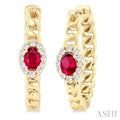 4X3 MM Oval Cut Ruby and 1/6 Ctw Curb & Cuban Link Round Cut Diamond Precious Fashion Hoop Earrings in 10K Yellow Gold