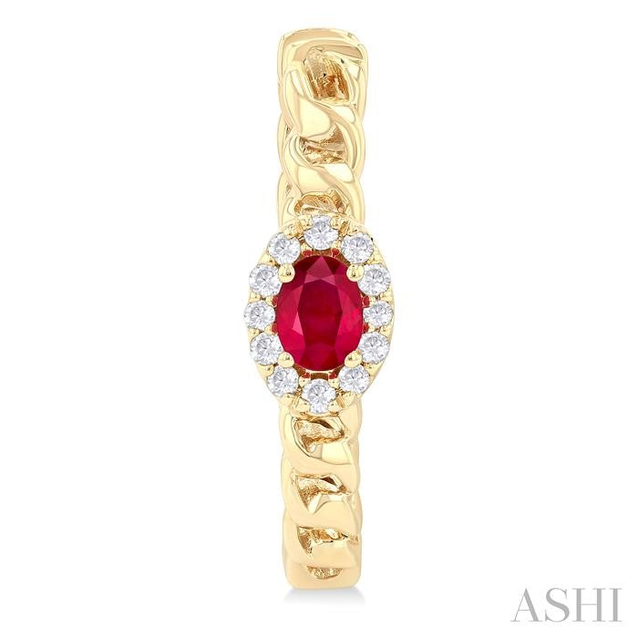 4X3 MM Oval Cut Ruby and 1/6 Ctw Curb & Cuban Link Round Cut Diamond Precious Fashion Hoop Earrings in 10K Yellow Gold