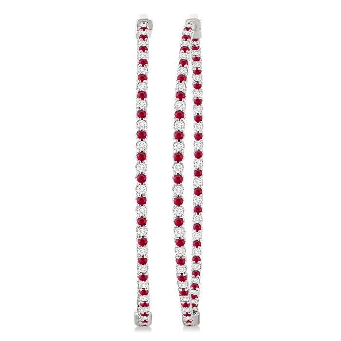 1.6 MM Ruby and Alternating 1 1/2 Ctw Round Cut Inside-Out Diamond Precious Hoop Earrings in 14K White Gold