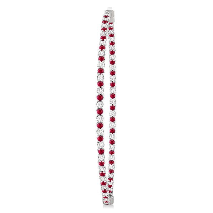 1.6 MM Ruby and Alternating 1 1/2 Ctw Round Cut Inside-Out Diamond Precious Hoop Earrings in 14K White Gold