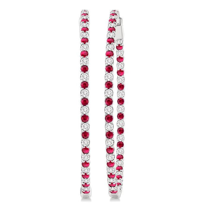 2.1 MM Ruby and Alternating 2 1/2 Ctw Round Cut Inside-Out Diamond Precious Hoop Earrings in 14K White Gold