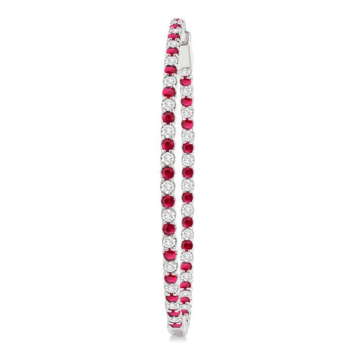 2.1 MM Ruby and Alternating 2 1/2 Ctw Round Cut Inside-Out Diamond Precious Hoop Earrings in 14K White Gold