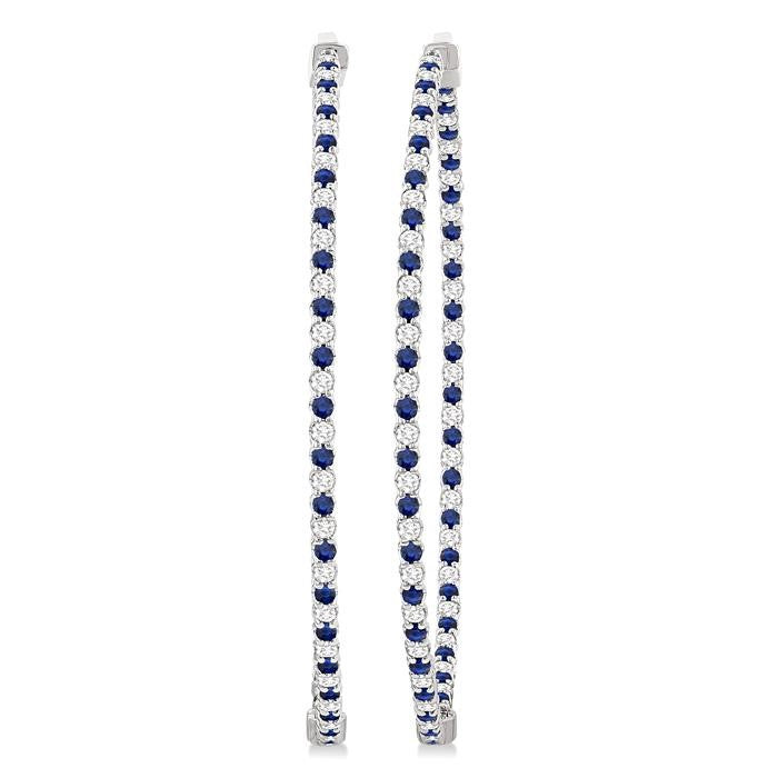 1.6 MM Sapphire and Alternating 1 1/2 Ctw Round Cut Inside-Out Diamond Precious Hoop Earrings in 14K White Gold