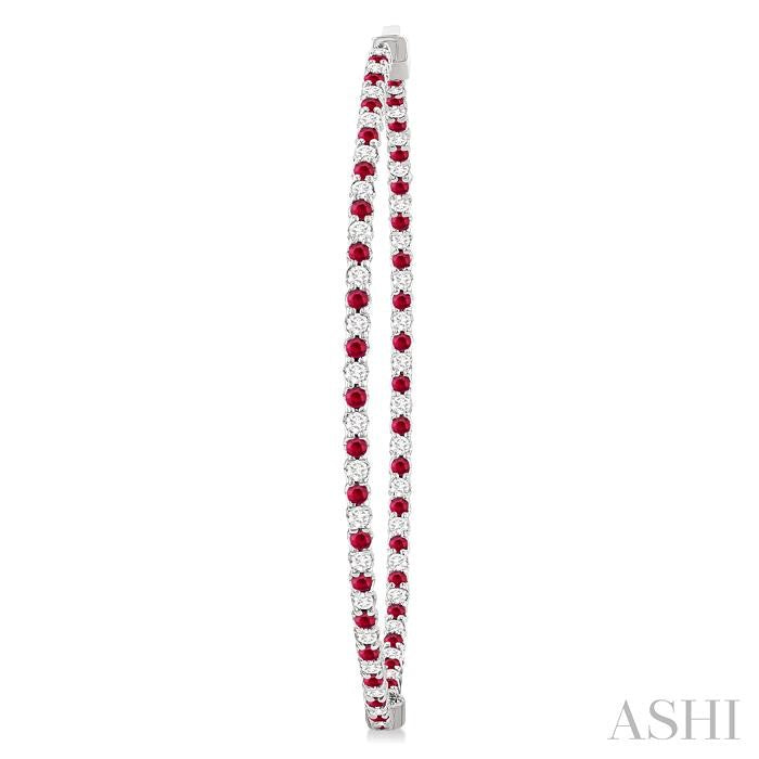 1.6 MM Ruby and Alternating 1 1/2 Ctw Round Cut Inside-Out Diamond Precious Hoop Earrings in 14K White Gold