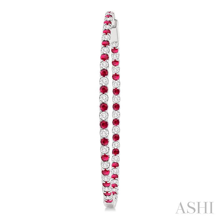 2.1 MM Ruby and Alternating 2 1/2 Ctw Round Cut Inside-Out Diamond Precious Hoop Earrings in 14K White Gold
