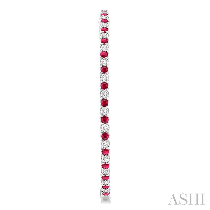 2.1 MM Ruby and Alternating 2 1/2 Ctw Round Cut Inside-Out Diamond Precious Hoop Earrings in 14K White Gold