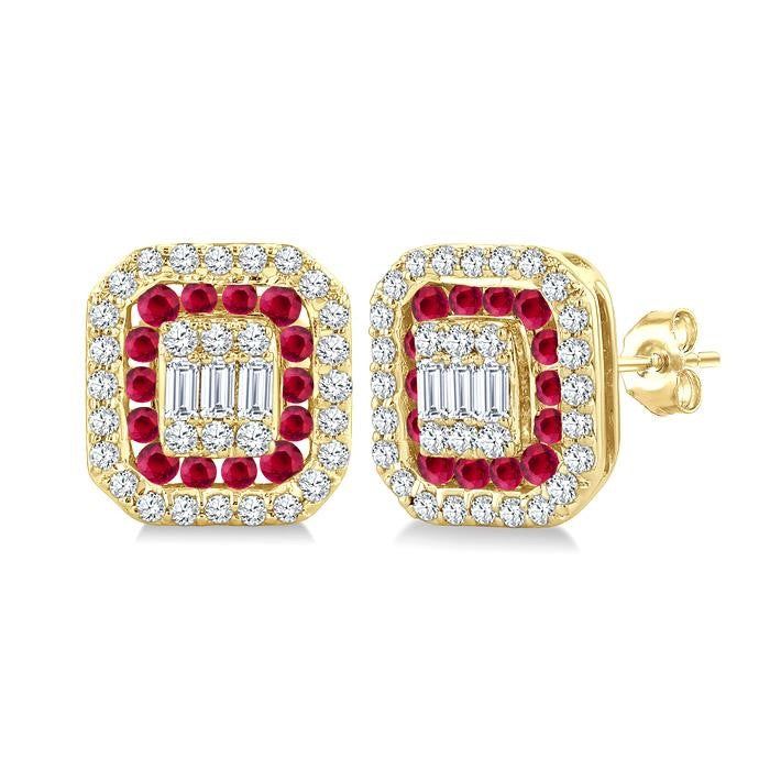 1/3 Ctw Octagonal Shape 1.25MM Round Cut Ruby, Baguette and Round Cut Diamond Fusion Precious Stud Earrings in 14K Yellow Gold