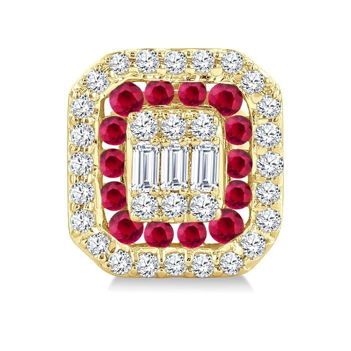 1/3 Ctw Octagonal Shape 1.25MM Round Cut Ruby, Baguette and Round Cut Diamond Fusion Precious Stud Earrings in 14K Yellow Gold
