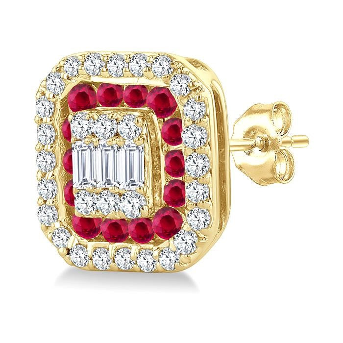 1/3 Ctw Octagonal Shape 1.25MM Round Cut Ruby, Baguette and Round Cut Diamond Fusion Precious Stud Earrings in 14K Yellow Gold