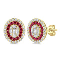 1/3 Ctw Oval Shape 1.35MM Ruby, Baguette and Round Cut Diamond Fusion Precious Fashion Stud Earrings in 14K Yellow Gold