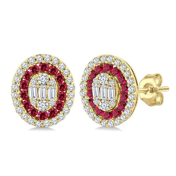 1/3 Ctw Oval Shape 1.35MM Ruby, Baguette and Round Cut Diamond Fusion Precious Fashion Stud Earrings in 14K Yellow Gold