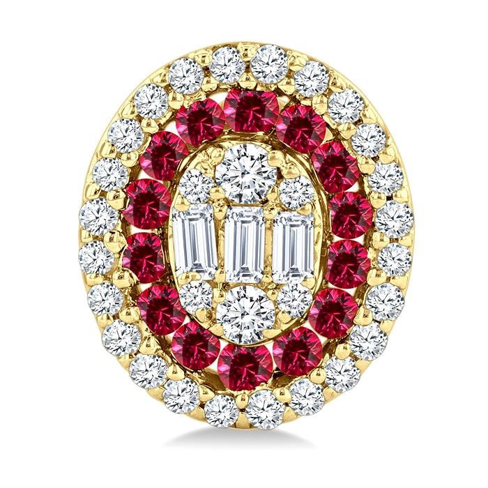 1/3 Ctw Oval Shape 1.35MM Ruby, Baguette and Round Cut Diamond Fusion Precious Fashion Stud Earrings in 14K Yellow Gold