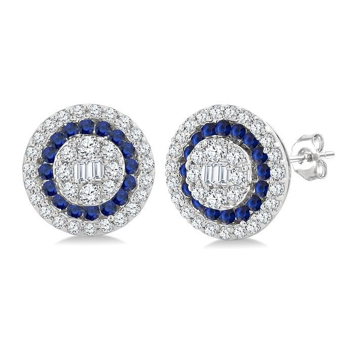 1/3 Ctw Circular Shape 1.00MM Round Cut Sapphire, Baguette and Round Cut Diamond Fusion Precious Stud Earrings in 14K White Gold