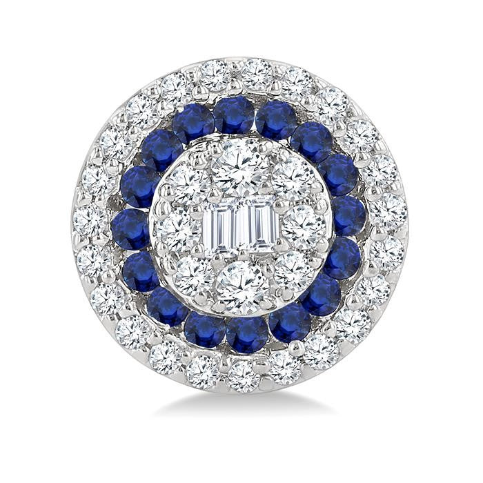 1/3 Ctw Circular Shape 1.00MM Round Cut Sapphire, Baguette and Round Cut Diamond Fusion Precious Stud Earrings in 14K White Gold