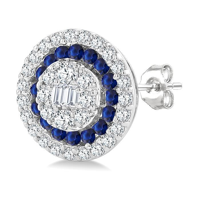 1/3 Ctw Circular Shape 1.00MM Round Cut Sapphire, Baguette and Round Cut Diamond Fusion Precious Stud Earrings in 14K White Gold