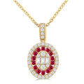 1.25 MM Oval Shape Ruby and 1/4 Ctw Baguette and Round Cut Diamond Precious Pendant With Chain in 14K Yellow Gold