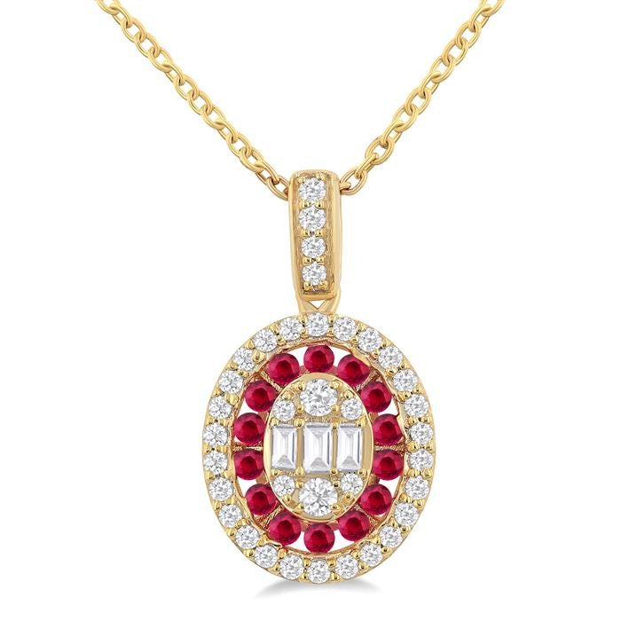 1.25 MM Oval Shape Ruby and 1/4 Ctw Baguette and Round Cut Diamond Precious Pendant With Chain in 14K Yellow Gold
