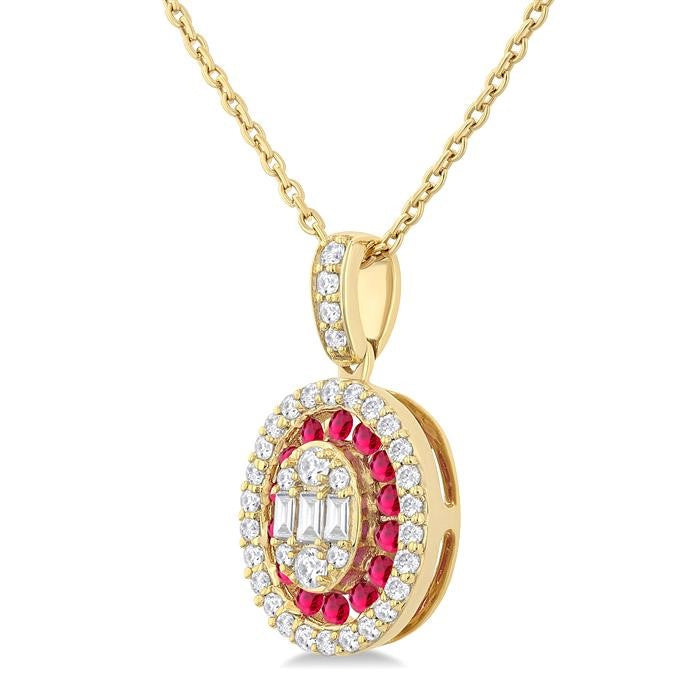 1.25 MM Oval Shape Ruby and 1/4 Ctw Baguette and Round Cut Diamond Precious Pendant With Chain in 14K Yellow Gold