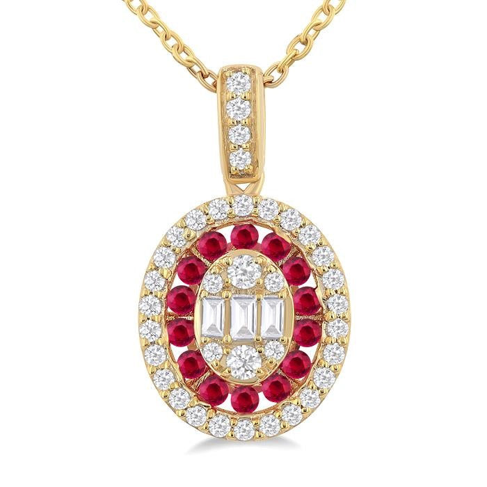 1.25 MM Oval Shape Ruby and 1/4 Ctw Baguette and Round Cut Diamond Precious Pendant With Chain in 14K Yellow Gold