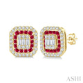 1/3 Ctw Octagonal Shape 1.25MM Round Cut Ruby, Baguette and Round Cut Diamond Fusion Precious Stud Earrings in 14K Yellow Gold